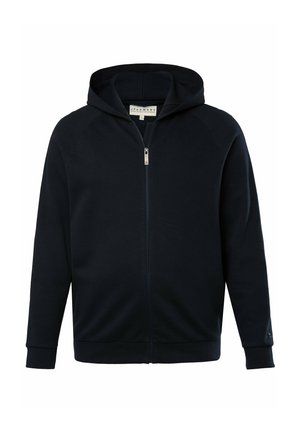 Marine blauwe zip-up hoodie van zacht materiaal, met een capuchon, raglanmouwen, een vo Front-zipper en geribbelde manchetten. Eenvoudig ontwerp met minimalistische accenten.
