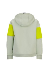 Felpa con cappuccio in verde chiaro con un vivace accento giallo sulle maniche. Presenta polsini a coste e una finitura in tessuto testurizzato.