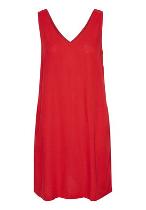 Vestido rojo sin mangas con escote en V, hecho de una tela ligera. Presenta un corte holgado y un diseño simple, sin adornos.