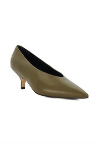 Olive green leather pump with a pointed toe, low heel, and smooth texture. Inside is black with a contoured design for comfort.