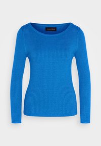 Blue long-sleeve ribbed top with a round neckline. The fabric has a textured pattern, offering a fitted silhouette with stretch.