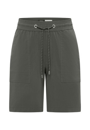Shorts gris foncé avec taille élastique, cordon à l'avant et deux grandes poches plaquées devant.