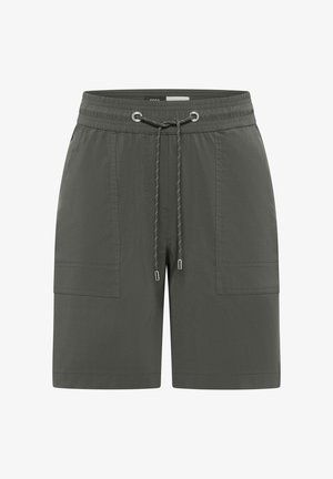 Dunkelgraue Shorts mit elastischem Bund, vorderem Kordelzug und zwei großen aufgesetzten Taschen vorne.