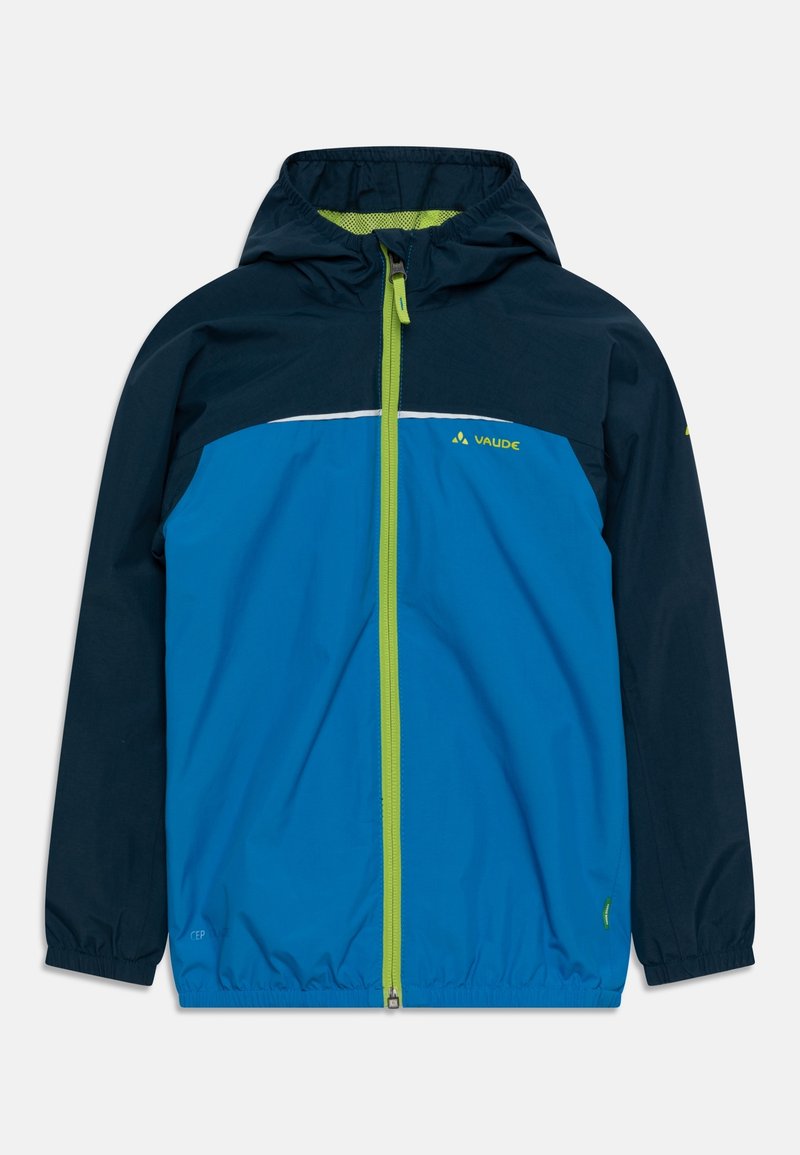 Blue and navy waterproof jacket with a hood, featuring a full front zipper, reflective stripe, and green accents on the zipper and logo.