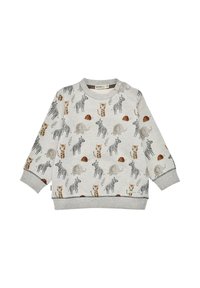 Grey fleece sweatshirt featuring a playful animal pattern with elephants, zebras, and turtles. It has long sleeves and a round neckline.