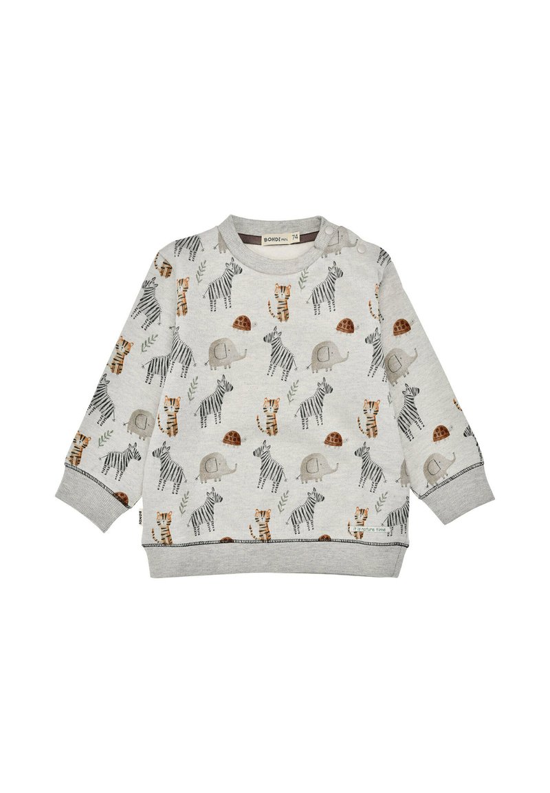Grey fleece sweatshirt featuring a playful animal pattern with elephants, zebras, and turtles. It has long sleeves and a round neckline.