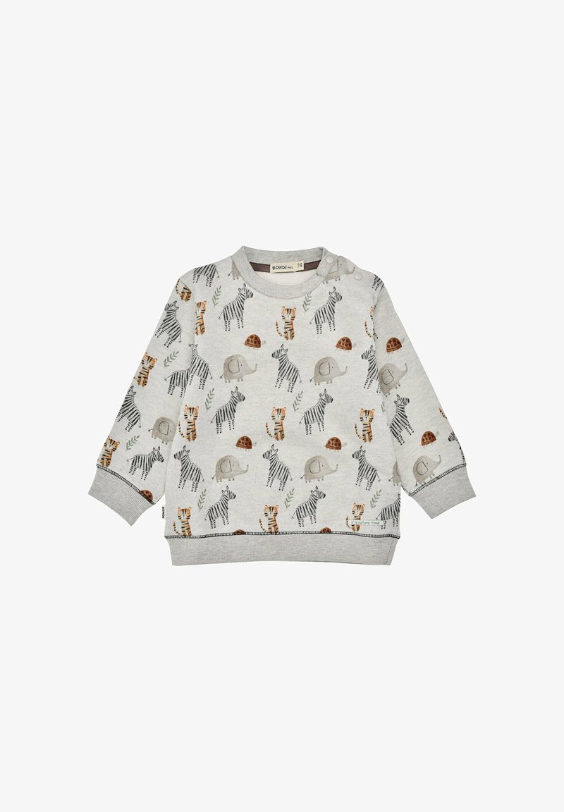 Grey fleece sweatshirt featuring a playful animal pattern with elephants, zebras, and turtles. It has long sleeves and a round neckline.