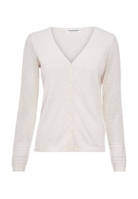 Ljusbeige cardigan med V-ringning, långärmar med en texturerad, öppen stickad mönster och fem knappar fram.