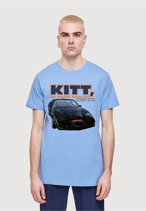 Lyseblå bomulds t-shirt med en grafik af KITT fra Knight Rider, med fed tekst og en illustration af en sort bil.