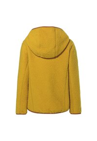 Giacca in pile gialla con cappuccio, caratterizzata da una superficie texturizzata, finiture marroni a contrasto e una vestibilità ampia. Assente di tasche o chiusure visibili.
