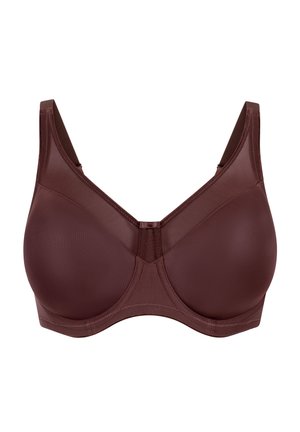 Bruine beha met volledige bedekking, gladde, gevormde cups, verstelbare bandjes en beugelondersteuning, afgebeeld op een witte achtergrond.