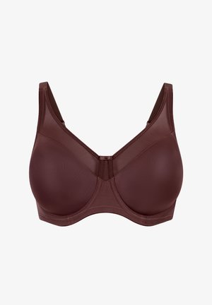 Reggiseno marrone a copertura totale con coppe lisce e sagomate, spalline regolabili e supporto con ferretto, mostrato su sfondo bianco.