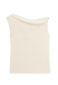 Top beige crema senza maniche con scollo asimmetrico, caratterizzato da un design a spalla singola e da una morbida texture del tessuto.