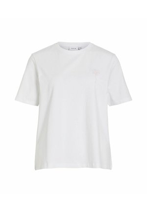 Hvid T-shirt med korte ærmer og rund hals, med et lille lyserødt rosenmotiv som omrids på venstre bryst.