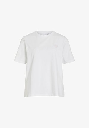 Maglietta bianca a maniche corte con scollo tondo e un piccolo motivo a rosa contornata di rosa chiaro sul lato sinistro del petto.