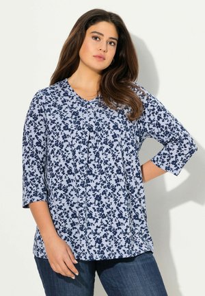Ulla Popken FLORAL 3/4 SLEEVE V-NECK - T-shirt à manches longues - blue gray