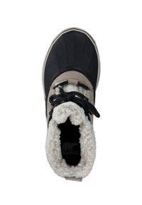 Zwarte en beige waterdichte winterlaars met een gestructureerde rubberen zool, fleece voering en zwarte veters. Rond neuzel en gevoerde enkel.