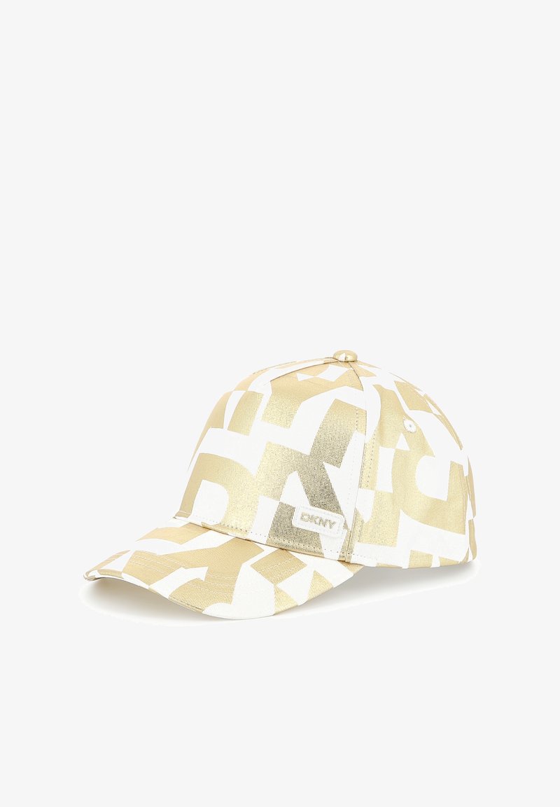Baseballpet met een goud- en witte geometrische patroon, gemaakt van een glad materiaal, met een ronde klep en een verstelbare achterkant.