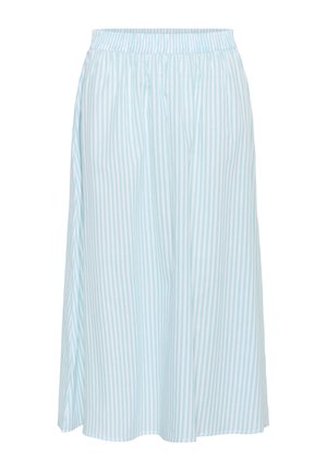 Jupe rayée bleu clair et blanche, avec une taille élastique et un design fluide. Le tissu semble lisse avec une texture douce.