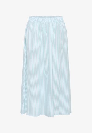 Hellblaue und weiße gestreifte Röcke mit elastischem Bund und fließendem Design. Der Stoff wirkt glatt und hat eine weiche Textur.