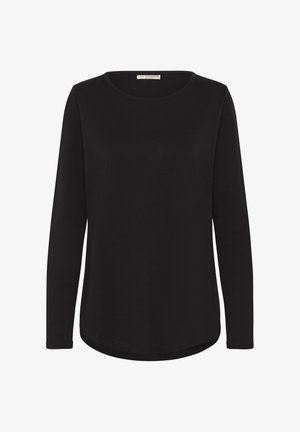 Crna košulja dugih rukava s okruglim izrezom. Izrađena od glatkog materijala, ima blago zakrivljen donji rub i prilagođene manžete.