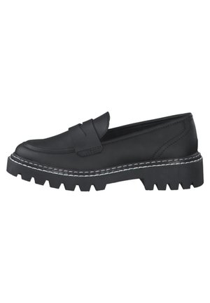 Black leather loafer with a rugged rubber sole, featuring a stitched white outline and a textured band across the front.