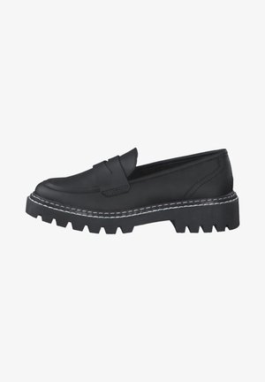 Black leather loafer with a rugged rubber sole, featuring a stitched white outline and a textured band across the front.
