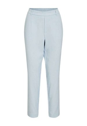 Pantalon bleu clair slim ajusté avec taille élastique et passants pour ceinture, jambes droites, sans poches visibles ni motifs.