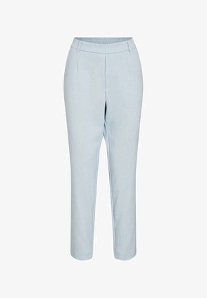 Světle modré kalhoty s úzkým střihem, elastickým pasem a poutky na pásek, rovné nohavice, bez viditelných kapes nebo vzorů.