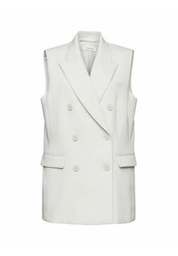 Weißes ärmelloses Westengewand mit Doppelk breasted-Design, Reverskragen, zwei Vordertaschen und Knopfverschlüssen. Glatte Stofftextur.