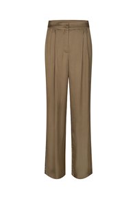 Brune, bredde benbukser lavet af glat stof, med frontfolder, høj talje og et enkelt, udekoreret design.