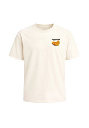 Cream-colored short-sleeve t-shirt with small chest logo featuring orange slices and text "Neverless Spritz Club" on left side.