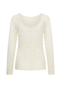 Top en dentelle crème à manches longues avec encolure dégagée et motif floral, silhouette cintrée, sans fermetures ni ornements visibles.