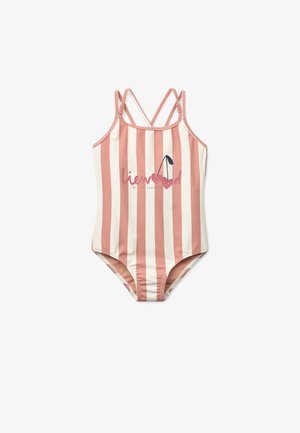 Roosa-valgete triipudega ujumistrikoo reguleeritavate rihmadega ja kirssi kujutav graafika. Valmistatud sujuvast, venivast materjalist mugavuse tagamiseks.