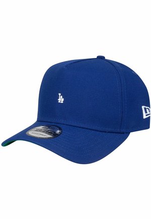 Blue fabric baseball cap with a structured crown and curved brim. Features white "LA" logo and adjustable size tag on the underside.