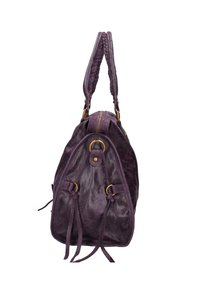 Sac à main en cuir violet avec une texture lisse, des poignées tressées, des accents en matériel doré et des détails à cordon sur les côtés.
