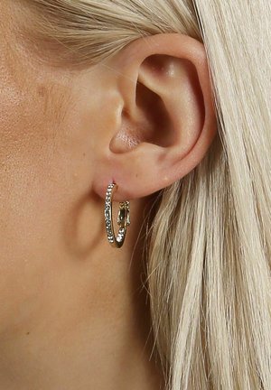 Guldörhänge med en glittrande rad av klara rhinestones fram, med ett lås. Bärs i ett piercat öra.