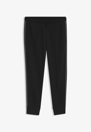 Fekete tréningnadrág elasztikus derékpánttal, húzózsinórral, oldalzsebekkel, bordázott mandzsettákkal és vékony fehér csíkkal a külső varrás mentén.