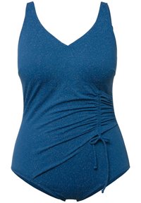 Maillot de bain bleu une pièce avec un décolleté en V, tissu texturé avec des paillettes, fronces sur les côtés et détail de lien ajustable à la taille.