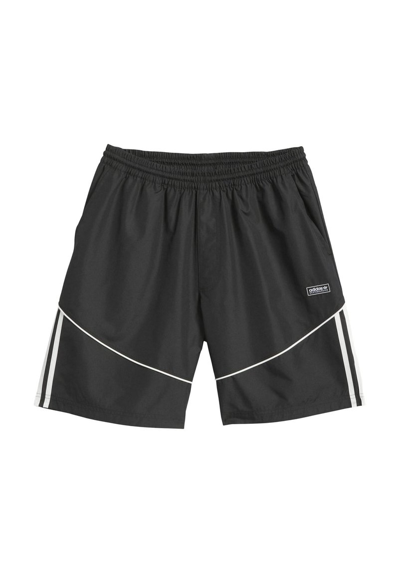 Short de sport noir Adidas avec bandes diagonales et latérales blanches, taille élastique et écusson logo sur la jambe droite.