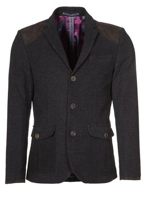 Ciemnoszara marynarka męska z trzema guzikami, kieszeniami z patkami, zamszowymi naszywkami na ramionach i fioletową wzorzystą podszewką.