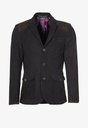 Dunkelgrauer Herrenblazer mit drei Knöpfen, Pattentaschen, Wildleder-Schulterpatches und einem lila gemusterten Innenfutter.