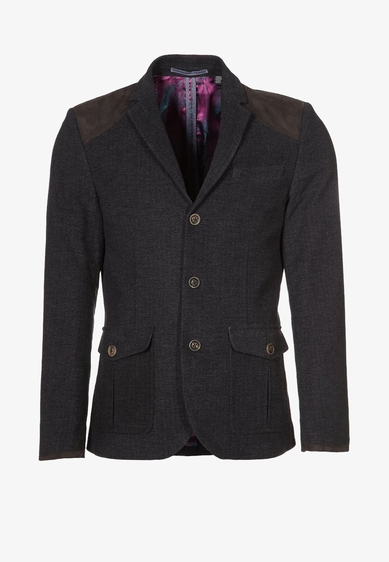 Blazer pour homme gris foncé à trois boutons, poches à rabat, coudières en daim et doublure intérieure à motifs violets.