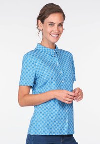 Kurzärmliges Hemd in Blau mit Wellenmuster, ausgestattet mit einem Stehkragen und einem glatten Stoff-Finish.