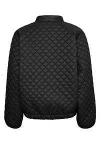 Sort quiltet jakke med diamantstiksmønster, elastisk kant og lange ærmer, vist fra ryggen.