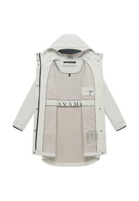 Giacca grigia chiaro con cappuccio, cerniera frontale e bottoni automatici, aperta per mostrare la fodera interna beige con il nome del marchio "Navahoo" e tasche interne.