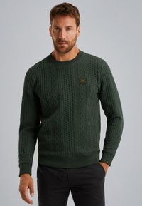 Groene sweatshirt met een gestructureerd kabelbreipatroon, ronde hals en geribde manchetten. Bevat een klein logopatch op de borst.