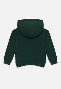 Sudadera con capucha de color verde oscuro, con una textura suave, mangas largas y puños acanalados. Cuenta con un bolsillo tipo canguro y un dobladillo redondeado.