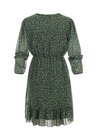 Rohelise värviga põlveni ulatuv kleit mustade ebaühtlaste laikudega, pikad läbipaistvad varrukad, kokkupõimitud talje ja volangidega äär, nähtav tagantpoolt.