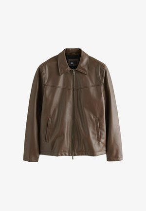 Brown leather jacket with a zipper, a pointed collar, and two side pockets. Smooth texture and minimalistic design.